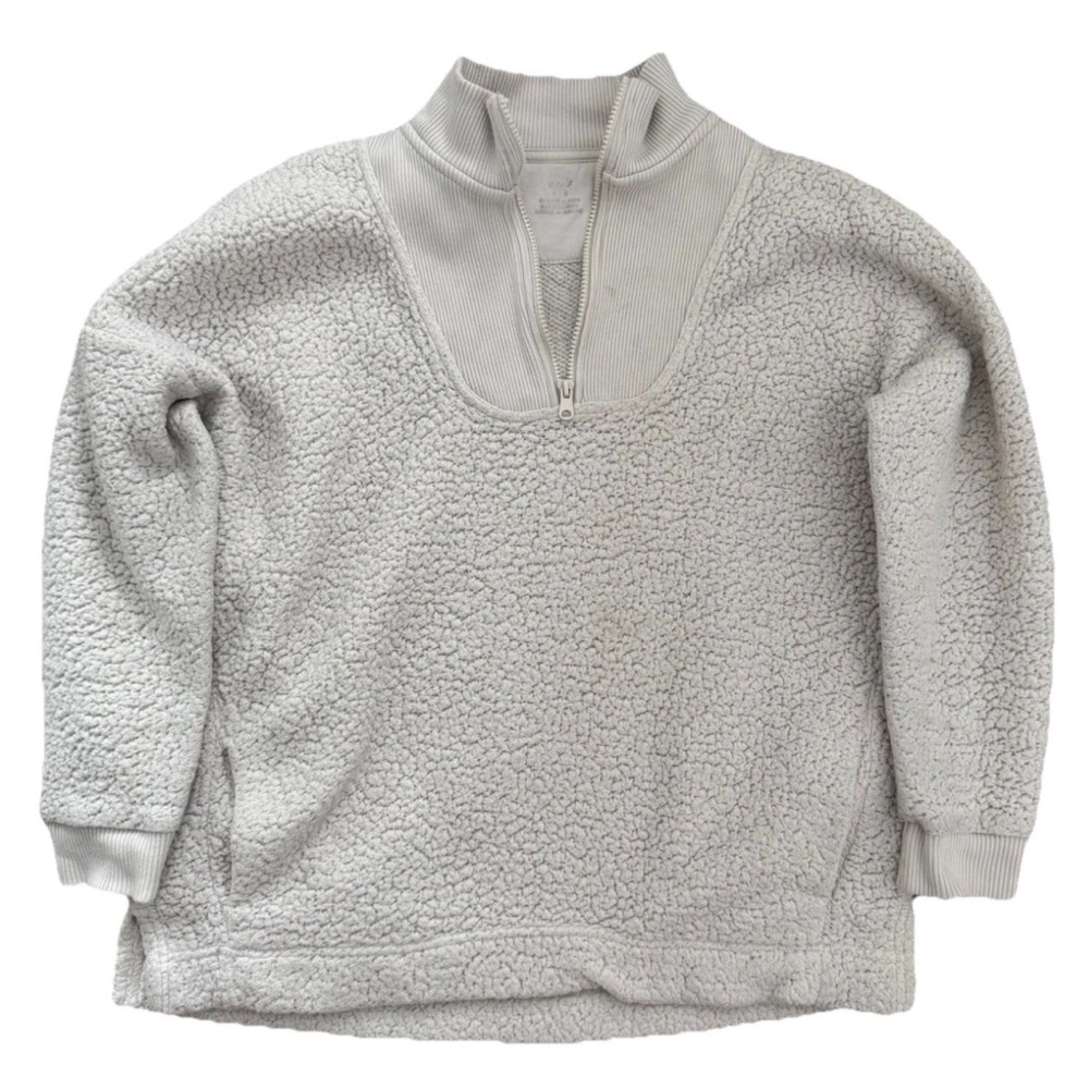 Aerie Womens White Medium Sherpa Fleece Quarter Zip Long Sleeve Pullover Sweater